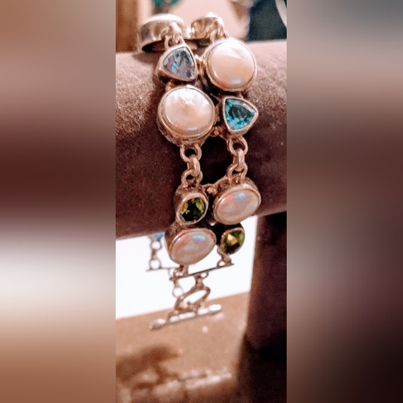 Vintage Sterling silver Three Stone Toggle design pattern Gemstone Bracelet. - Picture 3 of 15